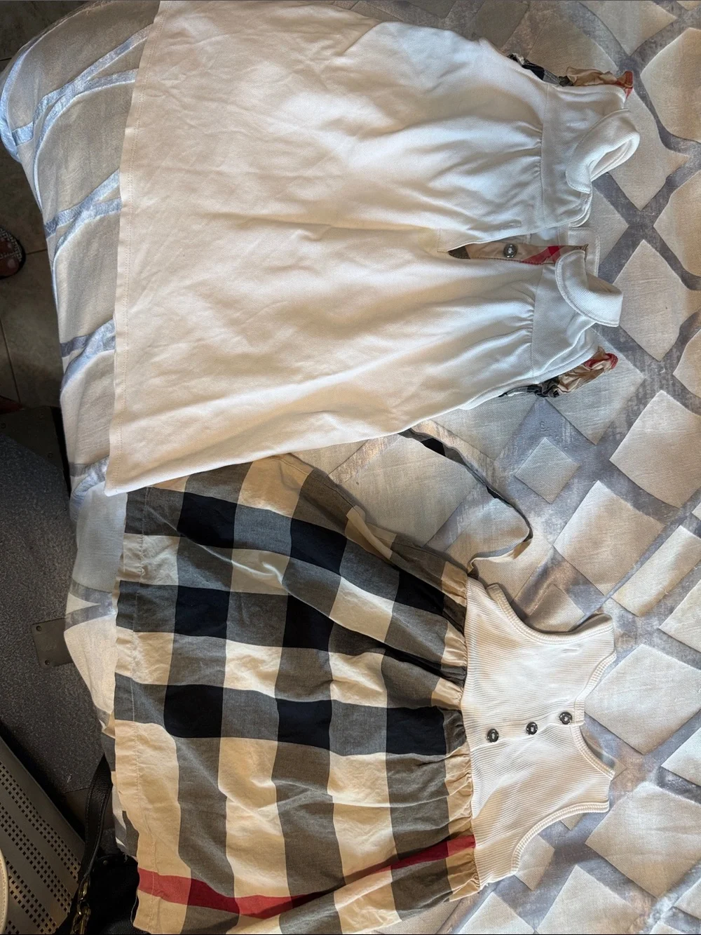 Burberry White Ribbed Bodice Plaid Skirt Dress with Classic Check